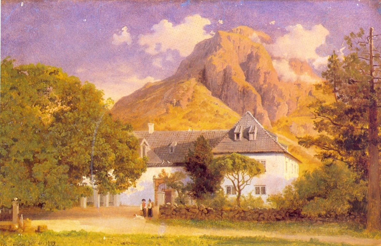 Painting of the Baroniet in Rosendal with mountains in the background.