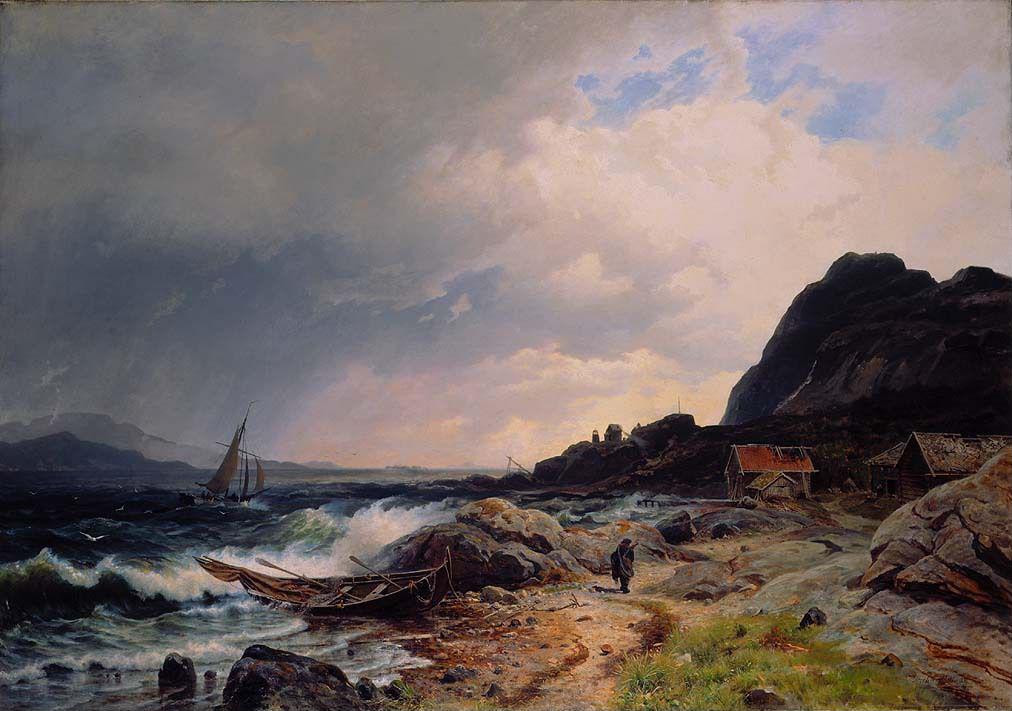 Painting of a ship sailing in rough waters in the opening of as fjord to the sea.
